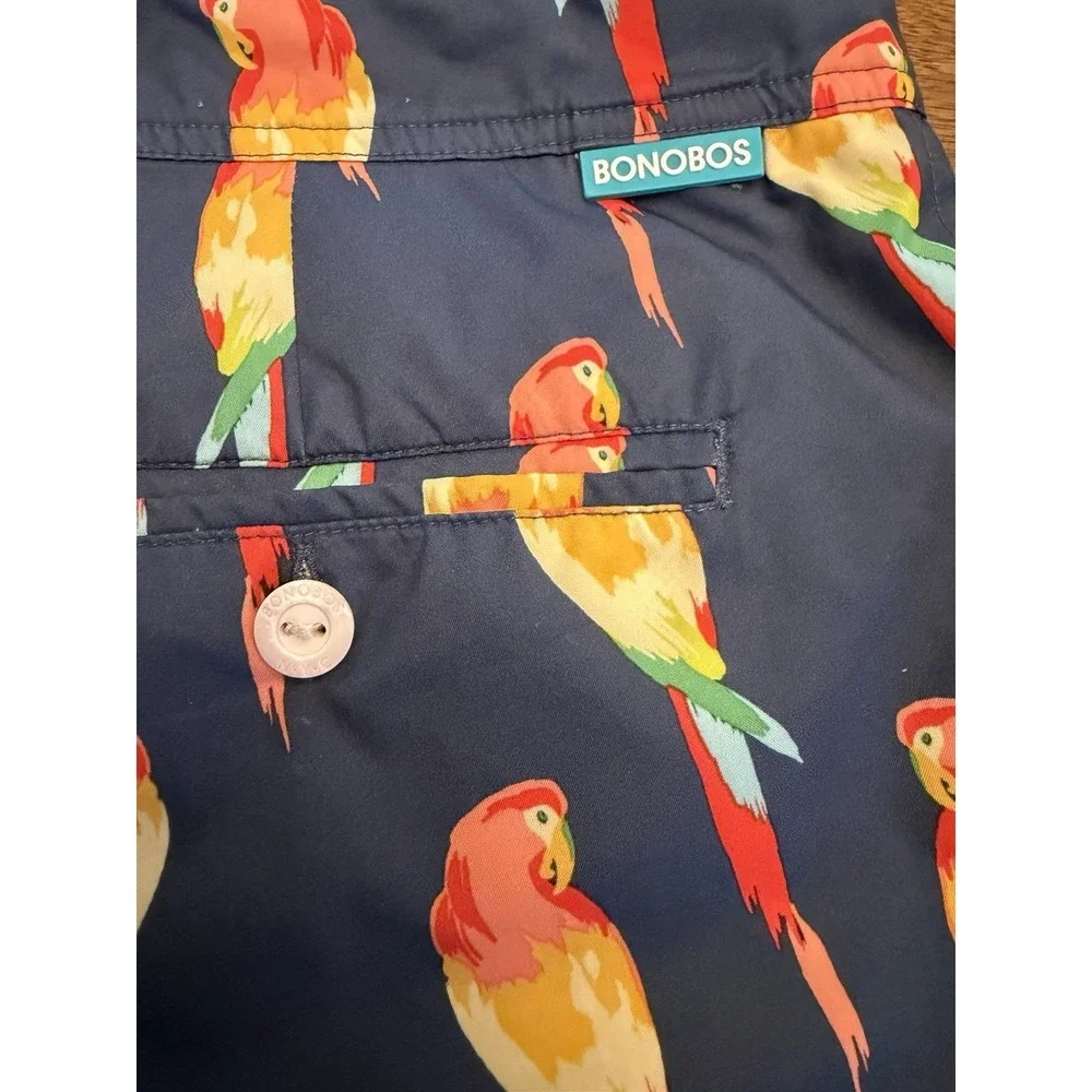 Bonobos Men's 40 Navy Parrot Print Swim Trunks Drawstring Mesh Lined Pockets